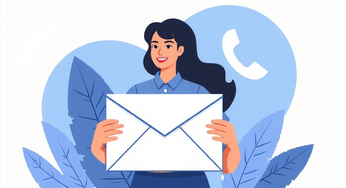 Illustration einer Person, die einen Umschlag hält, der E-Mail-Kommunikation darstellt, mit einem Telefon-Symbol im Hintergrund.