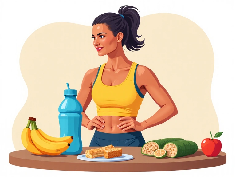 Illustration eines Athleten, der sich mit gesunden Lebensmitteln und einem Sportgetränk auf ein Training vorbereitet, um Sporternährung zu symbolisieren.