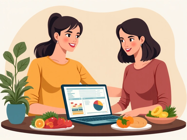 Illustration einer individuellen Ernährungsberatung mit einem Berater und einem Klienten, die einen personalisierten Ernährungsplan besprechen.