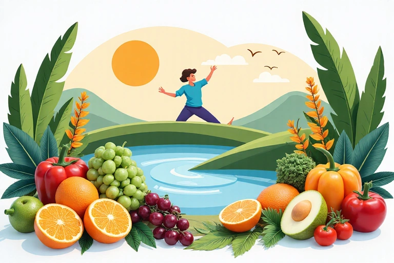 Illustration von verschiedenen gesunden Lebensmitteln und einem motivierten Menschen, der Sport treibt, um das Konzept des ganzheitlichen Wohlbefindens zu symbolisieren.