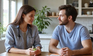 Bild, das eine persönliche Ernährungsberatungssitzung zwischen einer Beraterin und einem Klienten darstellt.
